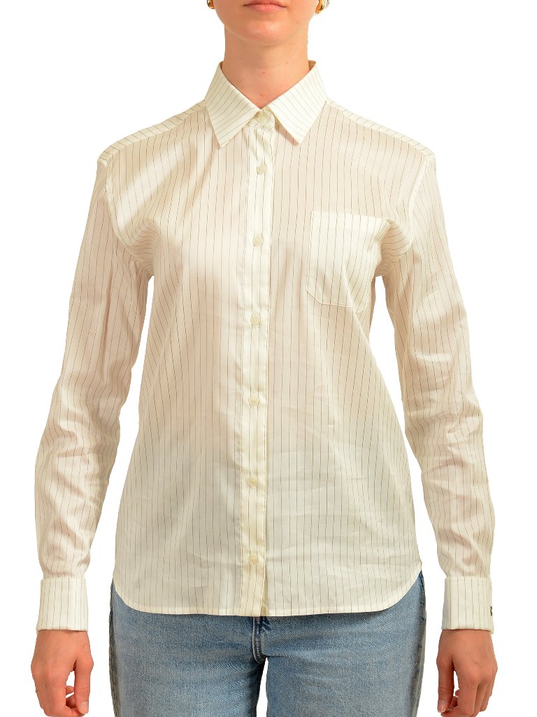 Scuderia Ferrari Women's Silk White Pinstriped Button Down Shirt Us L It 44